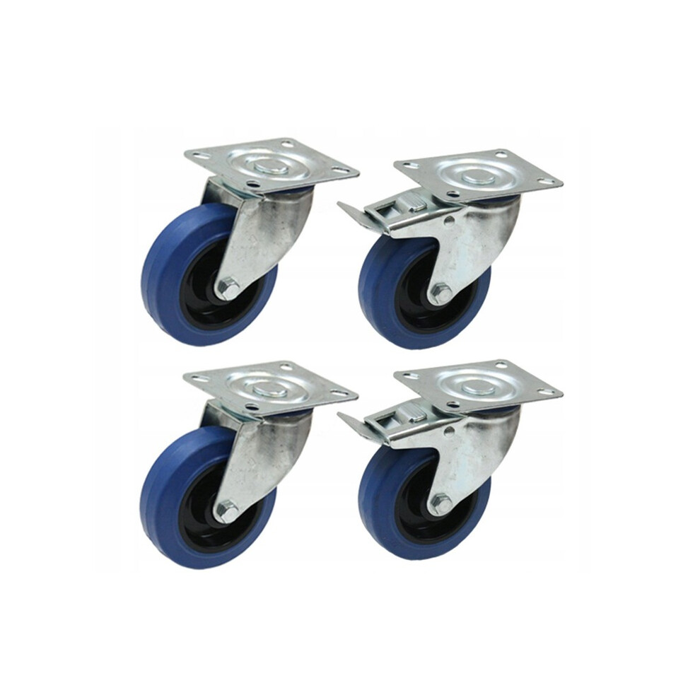 Set Of 4 - 100Mm Blue Elastic Swivel Castor 150Kg & 100Mm Blue Elastic Brake Cas 5060462565832