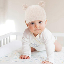 2026 Best No Scratch Mittens Cotton Blend Bear Ear Caps Gloves for Toddler Breathable Knitted Baby Boy Girl Gloves Hat Set Flax color