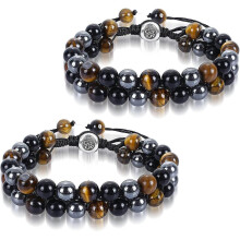 2 Pcs Heilwiy Tiger Eye Stone Bracelet Men Women, Stress Relief Yoga Beads Adjustable Gift