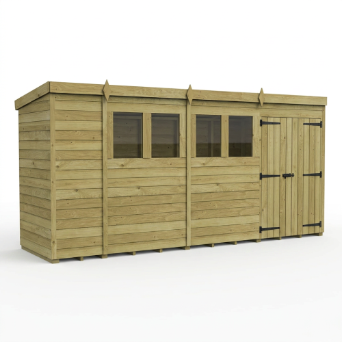 14 x 4 Pent Shed Tanalised (Double Door, With Windows) 1