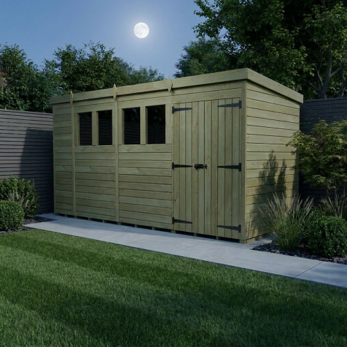14 x 4 Pent Shed Tanalised (Double Door, With Windows) 2