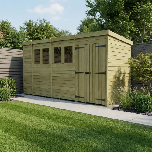 14 x 4 Pent Shed Tanalised (Double Door, With Windows)