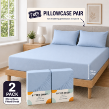 (2X Double, Light Blue) 30cm Deep Microfiber Fitted Bed Sheet Pack of 2 with Free Pillowcase - Hotel Quality All Bed Size Fitted Sheet