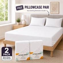 (2X Double, White) 30cm Deep Microfiber Fitted Bed Sheet Pack of 2 with Free Pillowcase - Hotel Quality All Bed Size Fitted Sheet