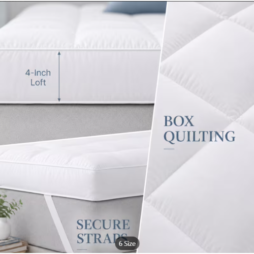 Soft Box Quilted Bed Mattress Topper, Microfiber Filled Layer, Smooth White Finish, Corner Elastic Straps, Fits Single 2