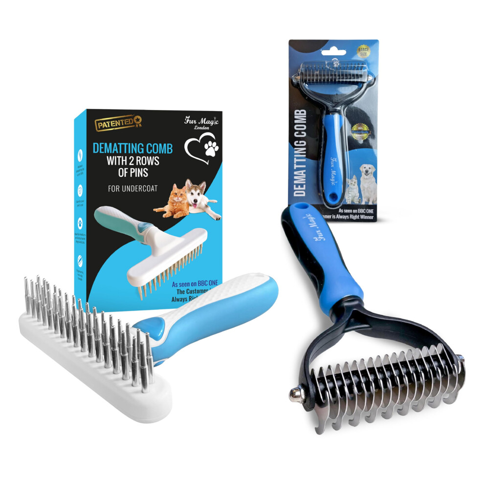 Fur Magic Dematting Comb & Dematting Rake For Dogs Cats - Pet Deshedding Tools For Removing Loose Undercoat, Knots, Mats – Skin-Friendly And