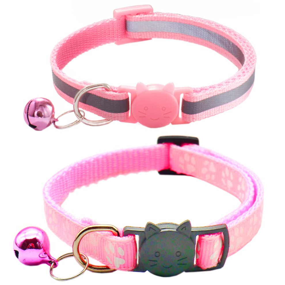 Qinao 2Pack Cat Collars Quick Release Reflective Kitten Collar With Bell & Safety Release (Pink)