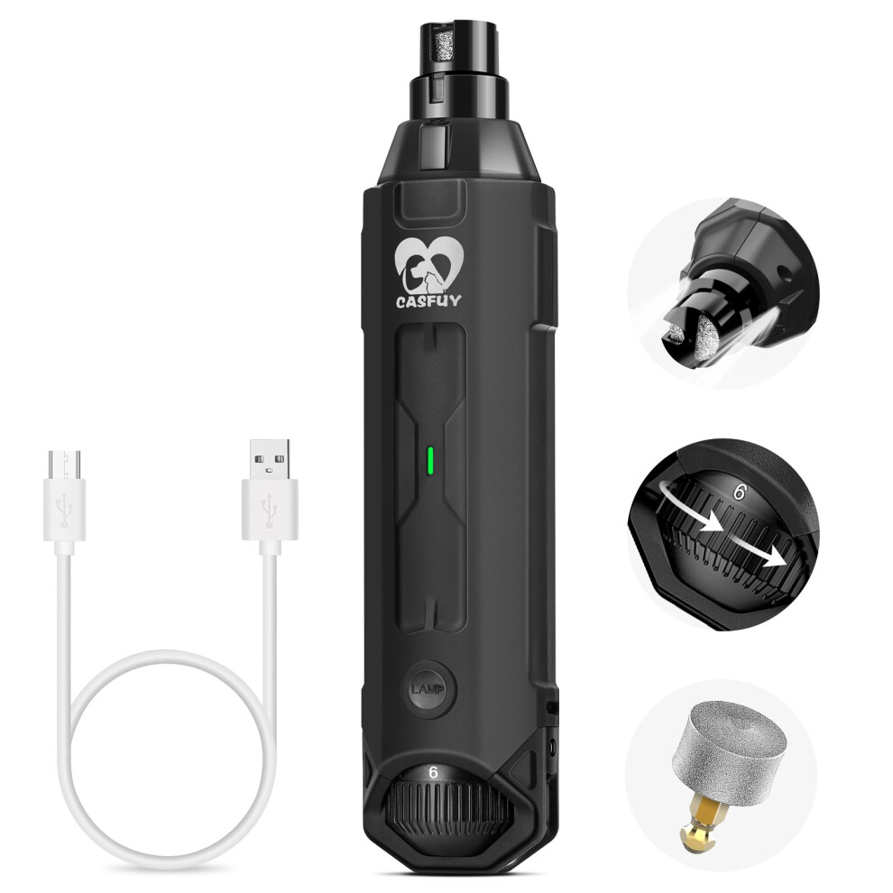Casfuy 6-Speed Dog Nail Grinder - Newest Enhanced Pet Nail Grinder Super Quiet Rechargeable Electric Dog Nail Trimmer Painless Paws Grooming