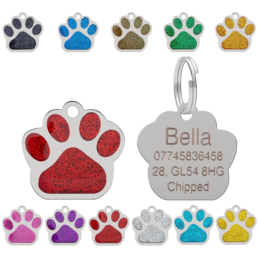 Larryroo Personalised Engraved Pet Tag For Pets | Vibrant Paw Print Shape Glitter Stainless Steel Id Tags For Dog & Cat | Anti-Lost For Puppy, Kitten