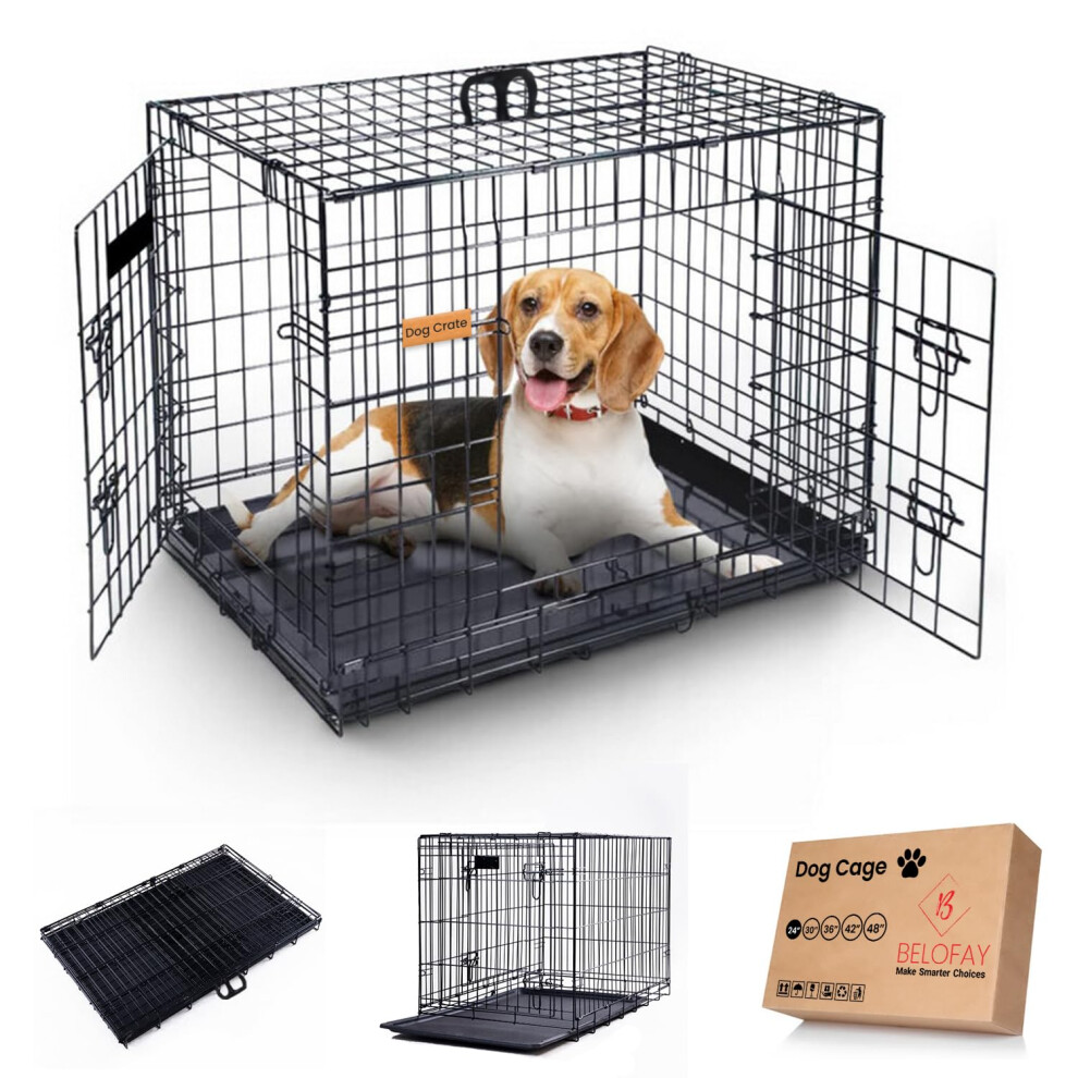 Photos - Dog Kennel BELOFAY Heavy-Duty Folding Dog Crate | 24-Inch Metal Frame Dog Cage with Dual Access Doors, Chew-Resistant Removable Base Tr
