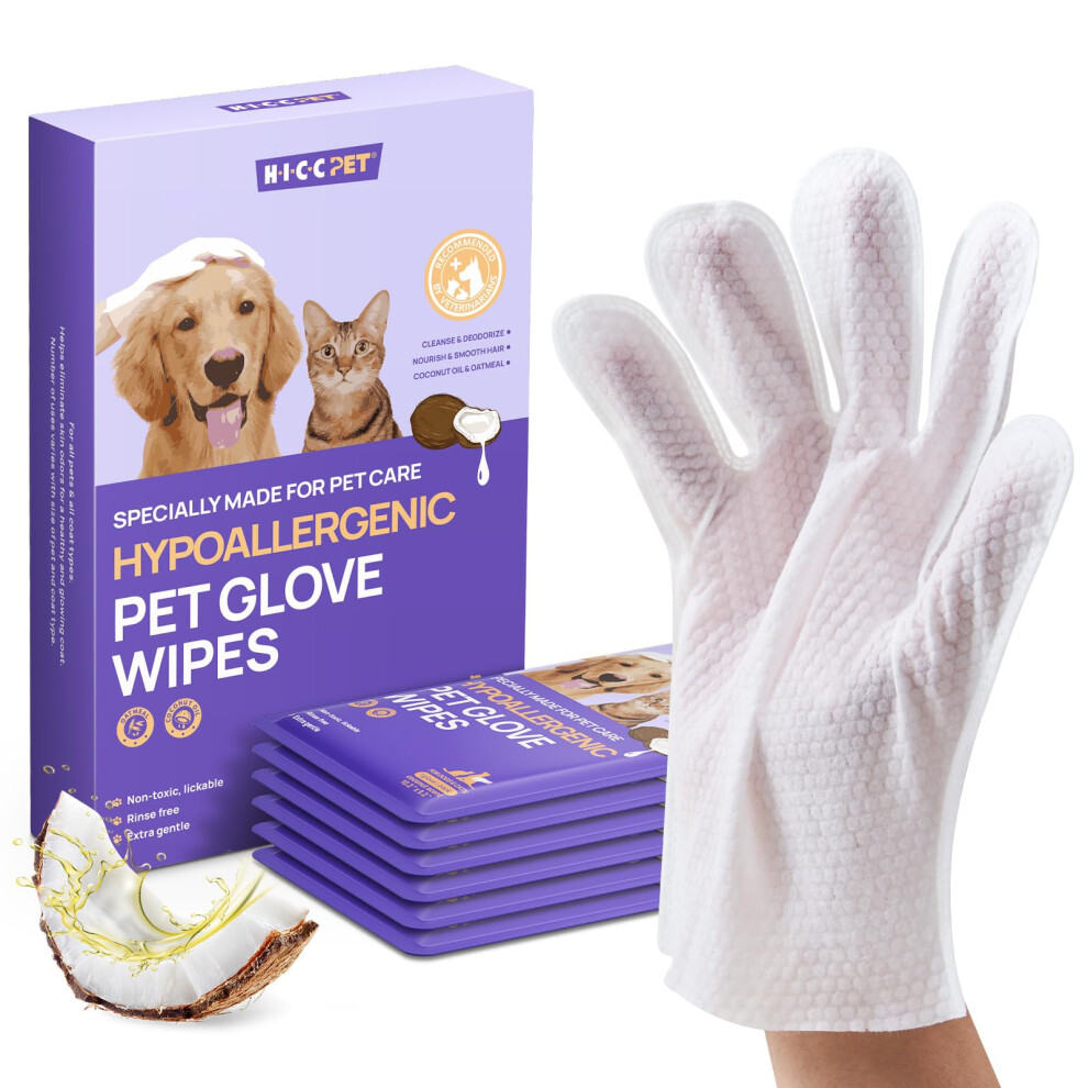 Hicc Pet Grooming & Moisturising Glove Wipes For Dogs & Cats,Dog Wipes With Coconut Oil, Vet-Recommended Pet Cleaning Wipe For Sensitive Ski