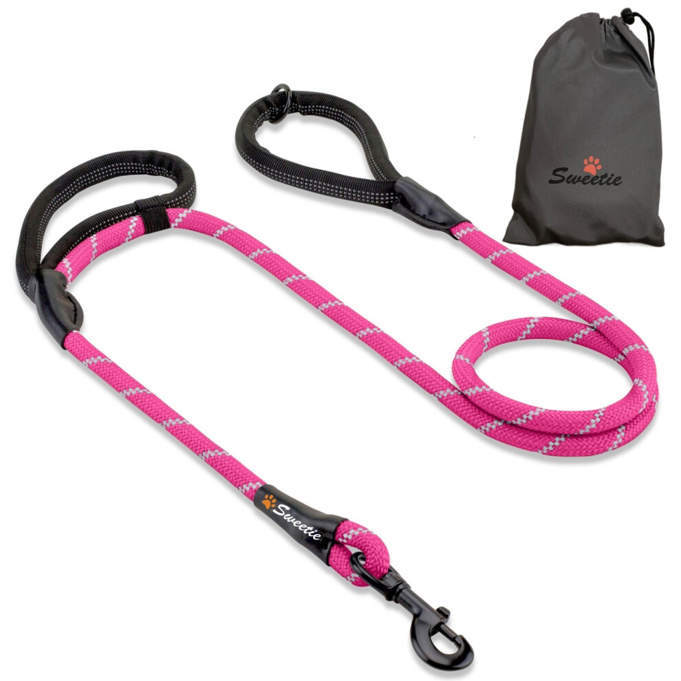 Sweetie Rope Dog Lead, Pink Strong Leash, 2 Padded Handles 5 Ft - Medium, Large Dogs - Reflective, Weather Resistant.
