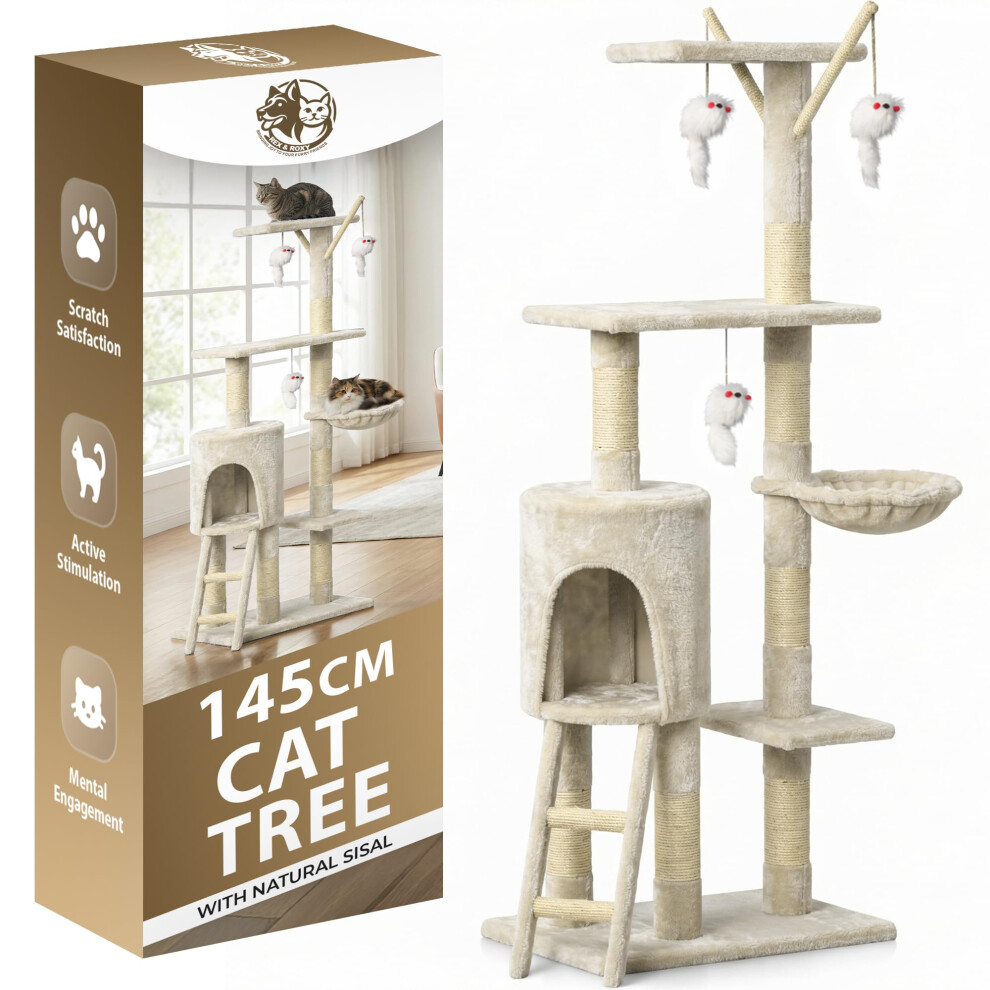 Rex & Roxy 145Cm Cat Tree For Indoor Cats | Tall Cat Tower With Scratch Post And Natural Sisal | Multi Level Cat Climbing Frame With Platfor