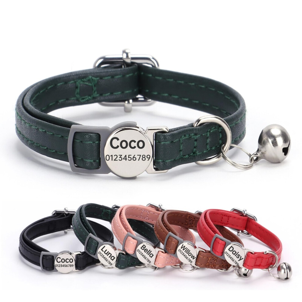 Seougee Genuine Leather Cat Collar Quick Release With Personalised Name Tag, Breakaway Kitten Collars With Removable Bells & Safety Release,