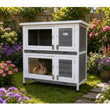 BUNNY BUSINESS Rabbit Guinea Pig Outdoor Hutch, Double Decker Rabbit Hutches on legs (Grey)