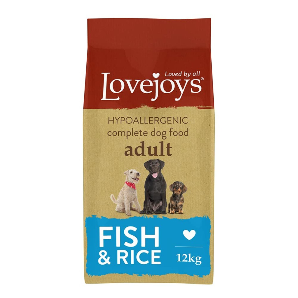 Lovejoys Complete Dry Dog Food Hypoallergenic Recipe, Fish & Rice, 12Kg - Wheat-Free Dried Dog Biscuits And Sensitive Dog Food Dry