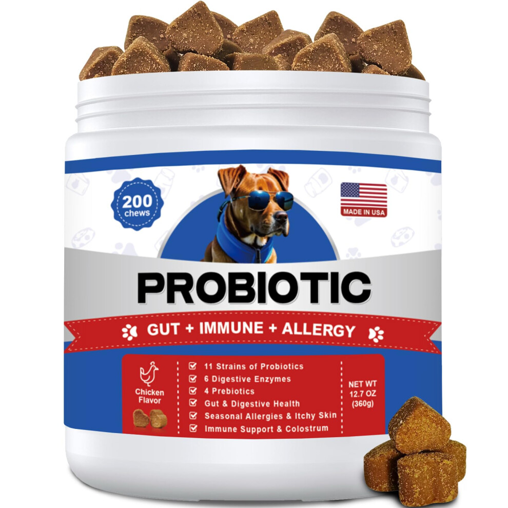 Coleaze Probiotics For Dogs 200 Chews Gut Digestive Health Dog Probiotic Supplements With Prebiotics & Enzymes, Supports Digestion & Immunity, Yeast