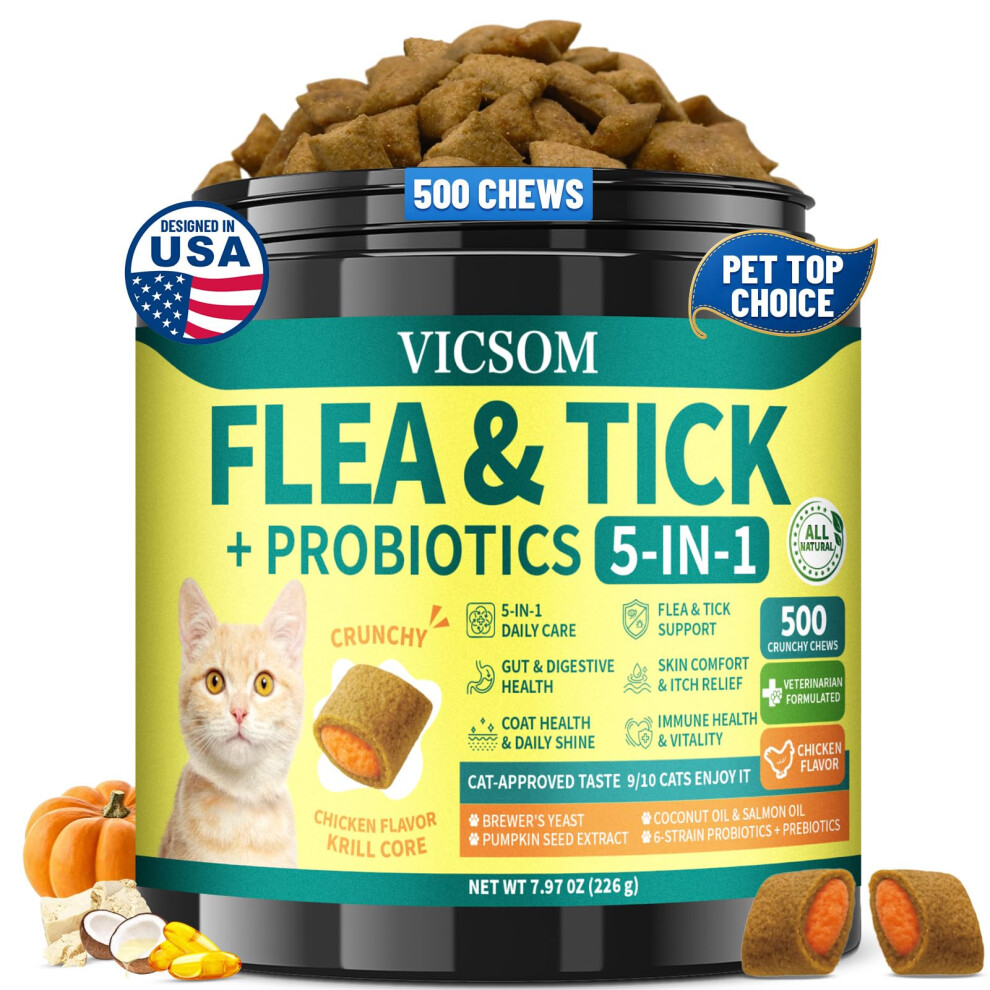 Vicsom Flea And Tick Chewables For Cats, 500 Crunchy & Krill Chews With Probiotics For Cats, Natural Cats Fleas And Ticks Prevention With Gut & Dig