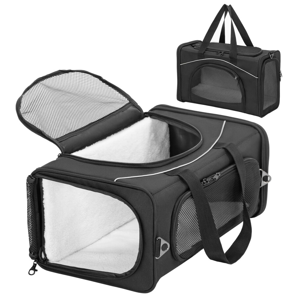 Petsfit Cat Carrier Airline Approved ，Large Cat Carrier,Foldable Cat Carriers Medium Two-Way Placement On Plane For Cats And Small Dogs, Bla