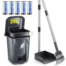 Dorakitten Dog Poop Scoop Set, Dog Waste Bin with Removable Inner Container, 150 Disposal Bags, Scoop and Rake, 20L Trash Can for Multiple D