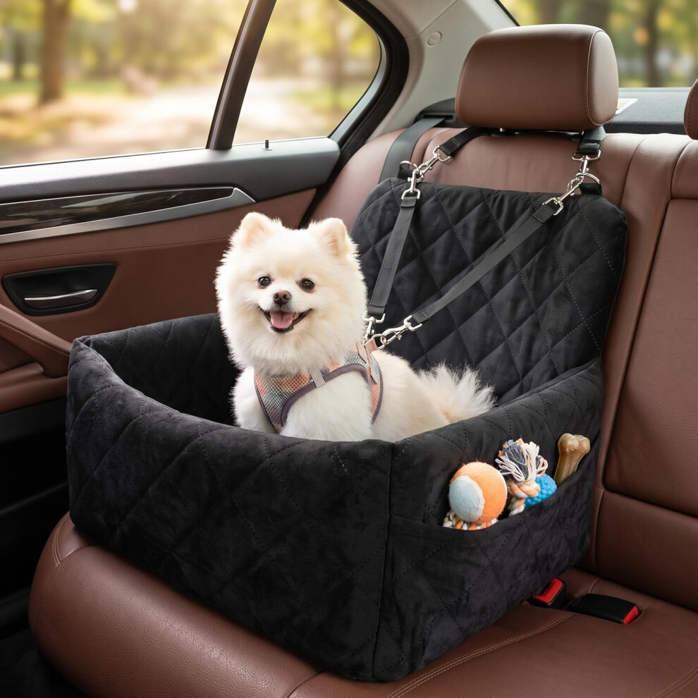 Bindokun Small Dog Car Seat For Dogs Under 9Kg/20Lbs, Memory Foam Dog Booster With Plush Velvet Cover, Non-Slip Base & 2 Safety Belts, Washable Pet T