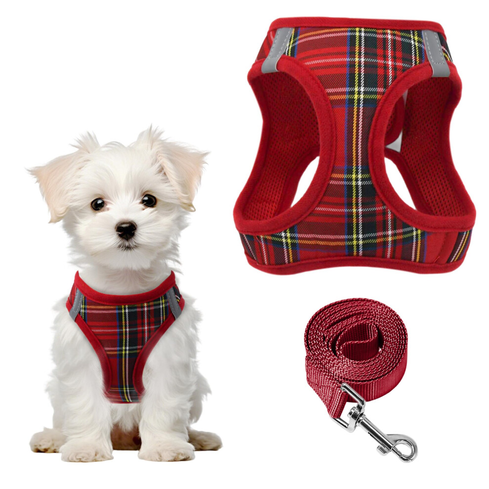 Pawsailor No Pull Dog Harness Small Dog Lead Set Adjustable Step In Soft Mesh Padded Puppy Harness Reflective Plaid Pattern With Safety Buck