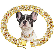 Gold Dog Chain Collars, Diamond Cuban Link Dog Chain Collar Walking Metal Dog Necklace With Secure Buckle Cat Chain Collar Pet Sparkling Jewelry Acce