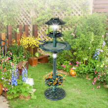 GYMAX Bird Bath and Feeder Station, 4 in 1 Weatherproof Bird Feeding Table with Solar Powered Light, Flower Planter and Fillable Stand, Free
