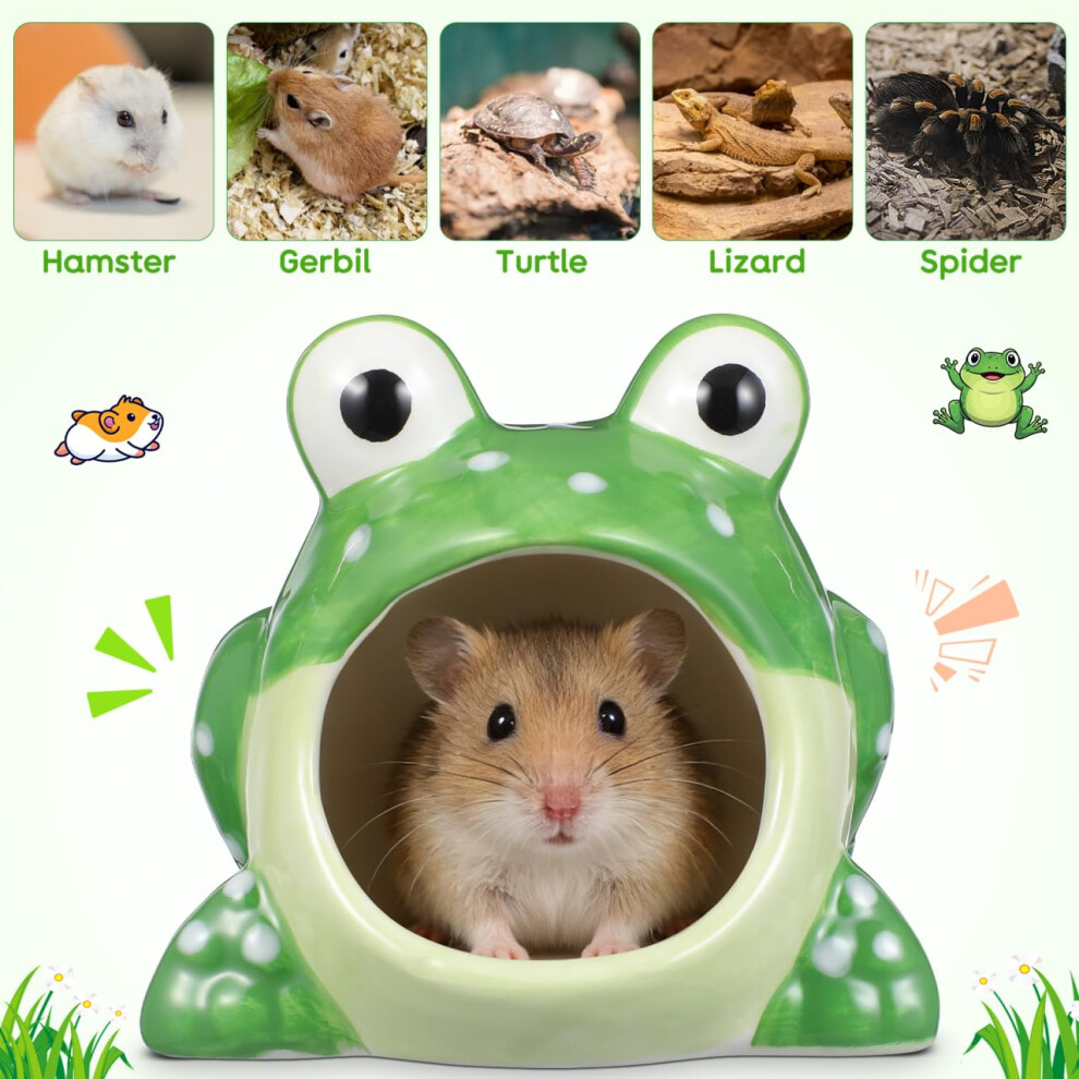Ultechnovo Ceramic Hamster Hideout Frog Shape, Cooling Hide House For Hamsters Gerbils And Mice, Small Animal Nest For Habitat Enrichment An