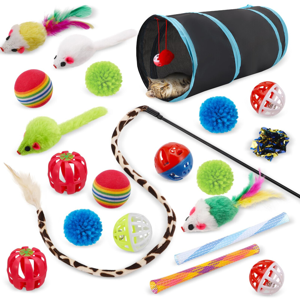 Gsrenyu 24Pcs Cat Tunnel Toys Indoor, Collapsible Cat Tunnel,Mice,Cats Teaser Wand,Springs Toy,Crinkle Balls,And Bells Balls Interactive Toy