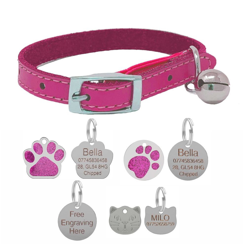 Larryroo Genuine Leather Cat Collar With Safety Elastic & Bell With Optional Personalised Engraved Tag (Pink, No Tag - Only Collar)