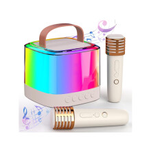 Mini Karaoke Machine for Kids with 2 Wireless Microphones, Portable Bluetooth Speaker and LED Lights (white)