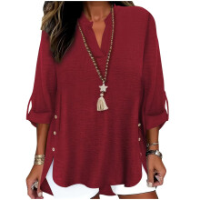 Shirts for Women Oversized Spring Side Button Down-Burgundy S