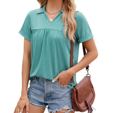 T-shirts femme, col en v, décontracté, revers,-Haricots verts M