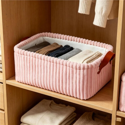 4 Pack  Medium Storage Basket Light  Ribbed Corduroy Fabric Storage Bins with Handles Fabric Organizer Cubes 2