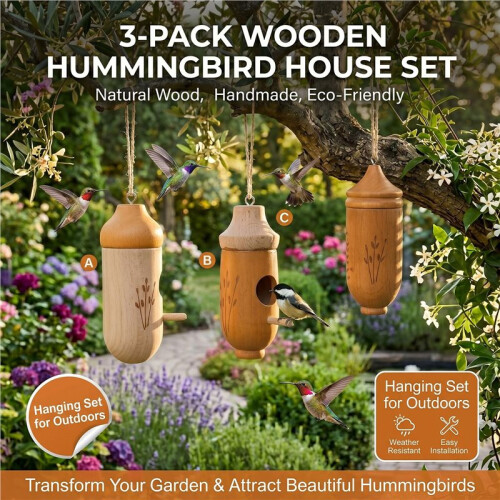 3 Pack  House for Outdoors Hanging, Wooden Houses for Outside Nesting 2