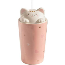 Tazza da caffè con gatto e cannuccia, tazza da viaggio in ceramica con coperchio a forma di gattino 3D, riutilizzabile p