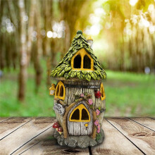 Harzhäuser mit Solar-LED-Lichtern, Feengarten-Zubehör, Outdoor-Cottage-Figuren, Rasenornamente,B