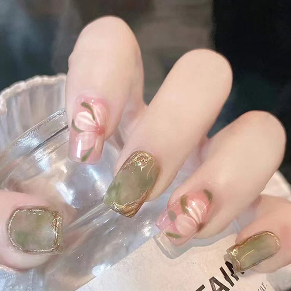 Zhouq-Outdoors (Jelly Glue Model) 24Pcs Green Camellia Short Fake Nails