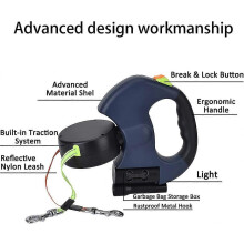 Trela retrátil dupla para 2 cães, 3 m, com luz LED e dispensador de sacos, resistente e prática