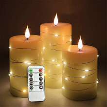 Velas sem chama com iluminação em 360 graus, luzes de fio estreladas, conjunto de 3, velas LED com controlo remoto de 10