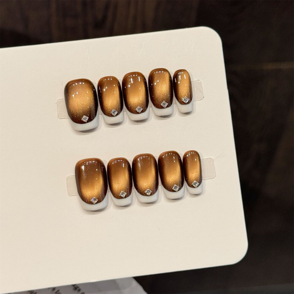 Zhouq-Outdoors (Xs) 10Pcs Brown Cat Eye French False Nails For Women