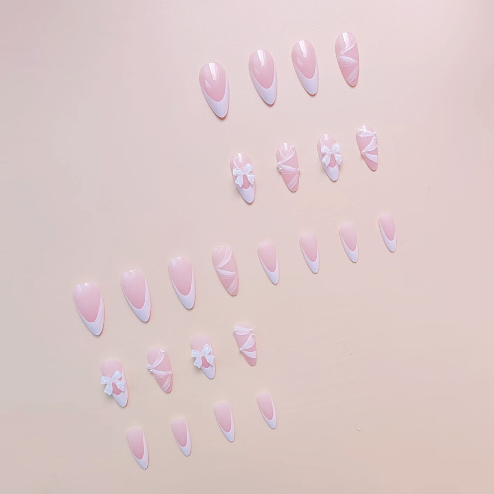 Dachuang Beauty 3D Bowknot Press On Nails, 24Pcs, White Edge