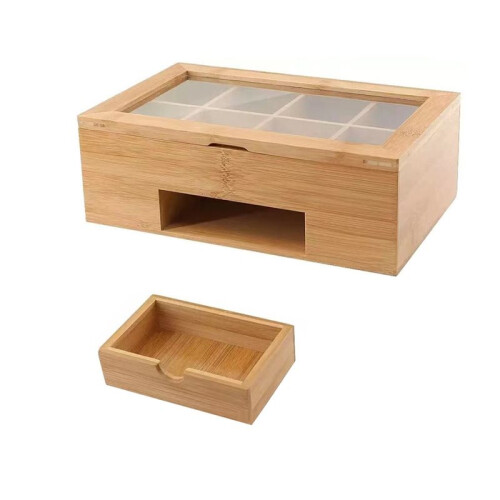 Teebeutel-Organizer - Bambus-Teebox mit Schublade und Acrylfenster, Tee-Organizer-Halter, Teebeutelhalter