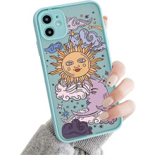 Carcasă compatibilă cu iPhone 11 pentru spate transparent mat cu design de computer, model 3D, soare și lună, cu dese