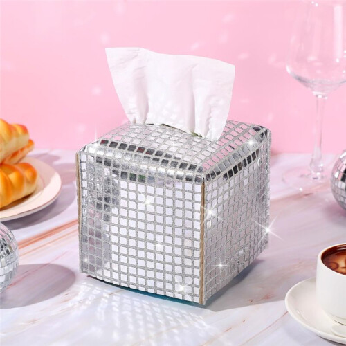 Disco  Tissue Box Cover Glitter Silver Square Rectangular Bling Paper Holder  Tissue Box for Bathroom Vanity 1