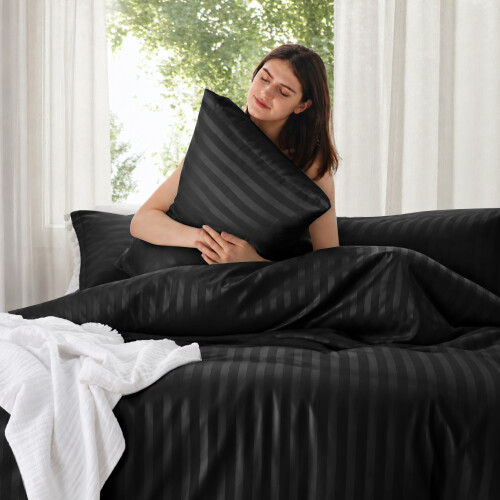(Double, Black) Premium Stripe Duvet Cover Set & Pillowcase Pair 2
