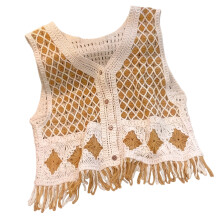 Hollow Crochet Tank Tops Women Vest Short Top Cardigan-Brown