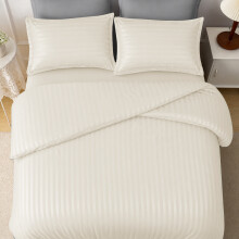 (Double, Cream) Premium Stripe Duvet Cover Set & Pillowcase Pair
