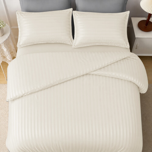 (Double, Cream) Premium Stripe Duvet Cover Set & Pillowcase Pair